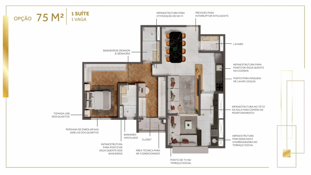 Planta 75m² opção 2