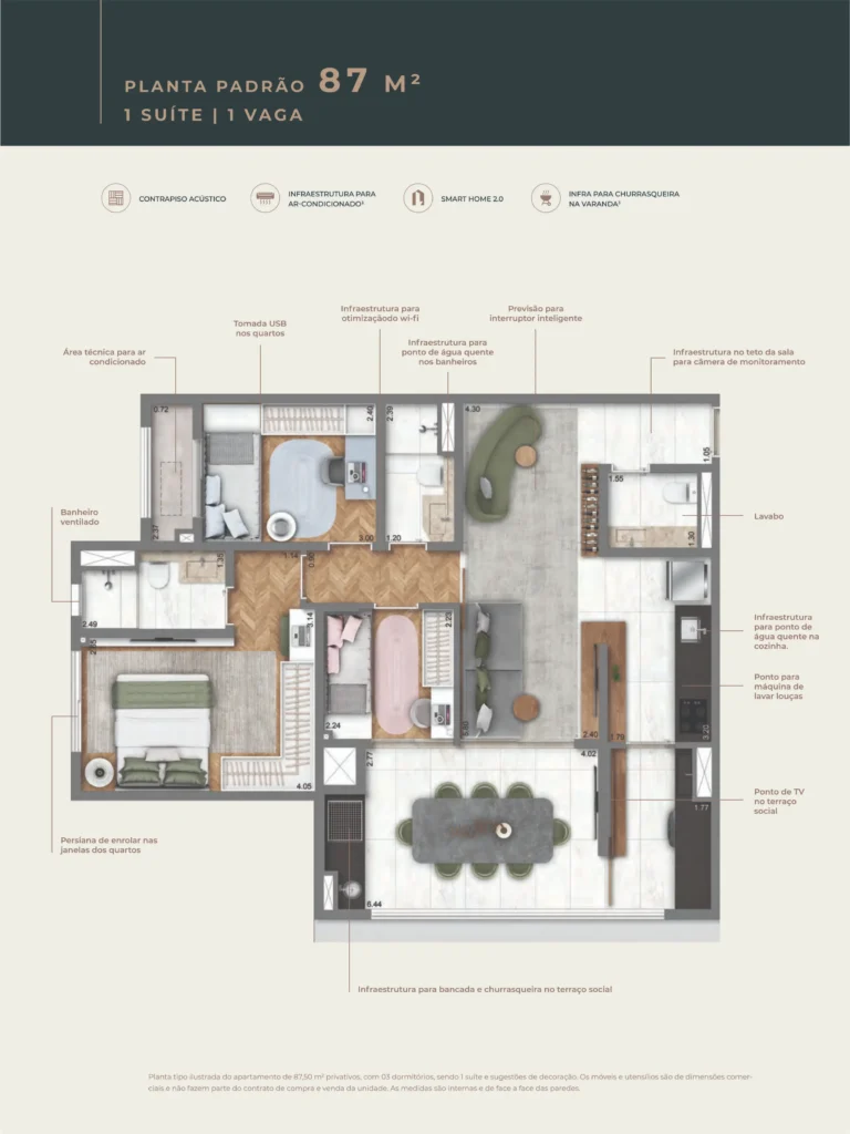 Planta de 87m² - 1 Suíte + 2 Dormitórios